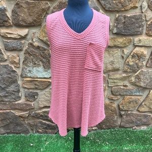 BiBi Crochet Pocket V-neck Sleeveless Rose Oversized Top - Size S